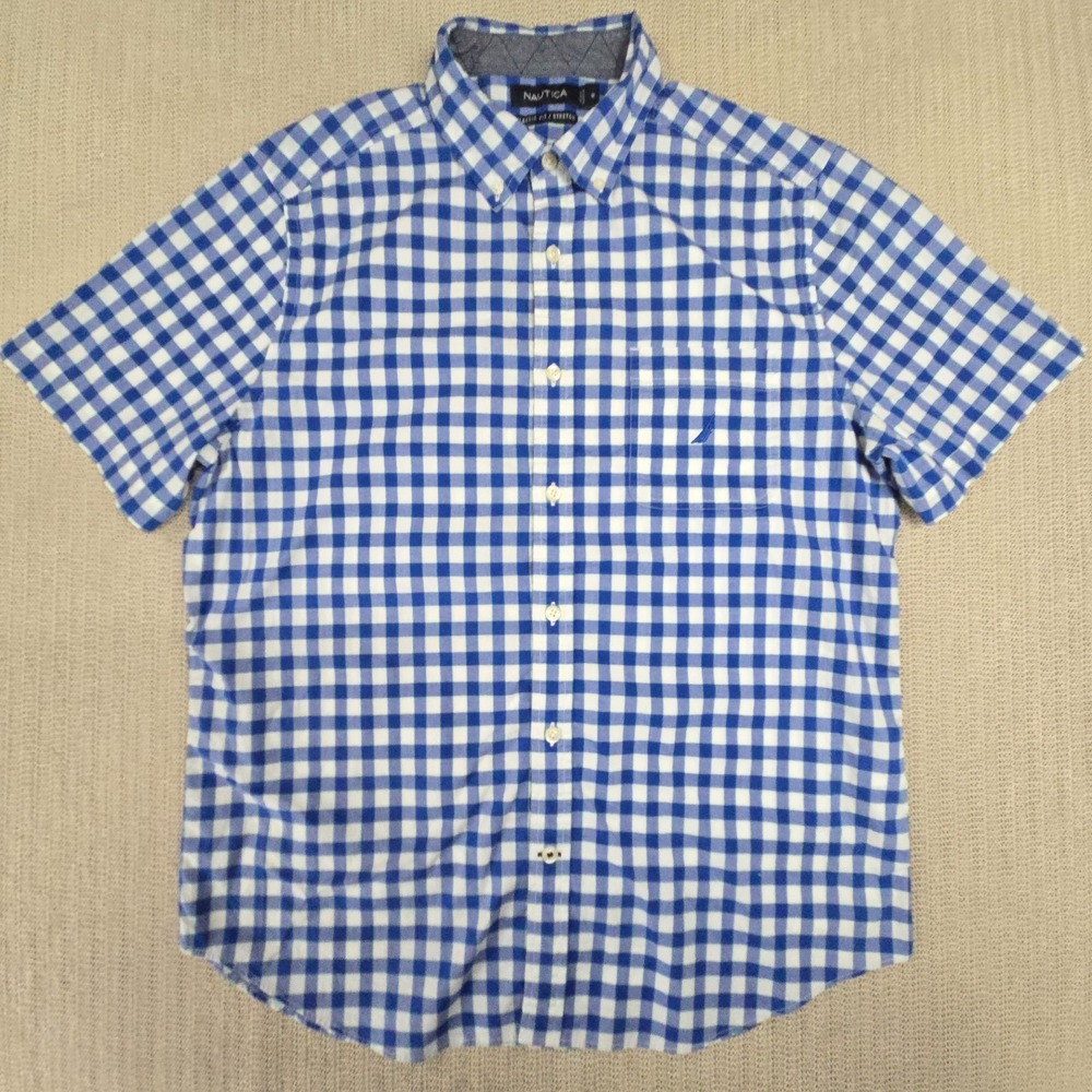 Nautica‎ Shirt Mens Medium Blue White Check Short Sleeve Button Up Down